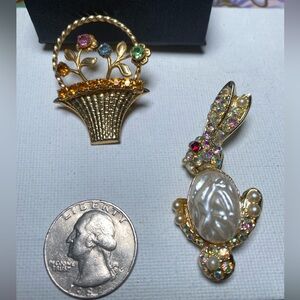 Vintage Flower Basket & Bunny Brooch Set - Multicolor Accents